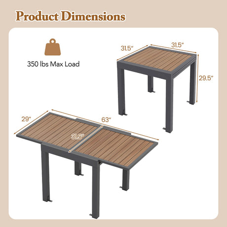 Mesa de patio extensible de 31.5-63 pulgadas para 4-6 personas - Natural