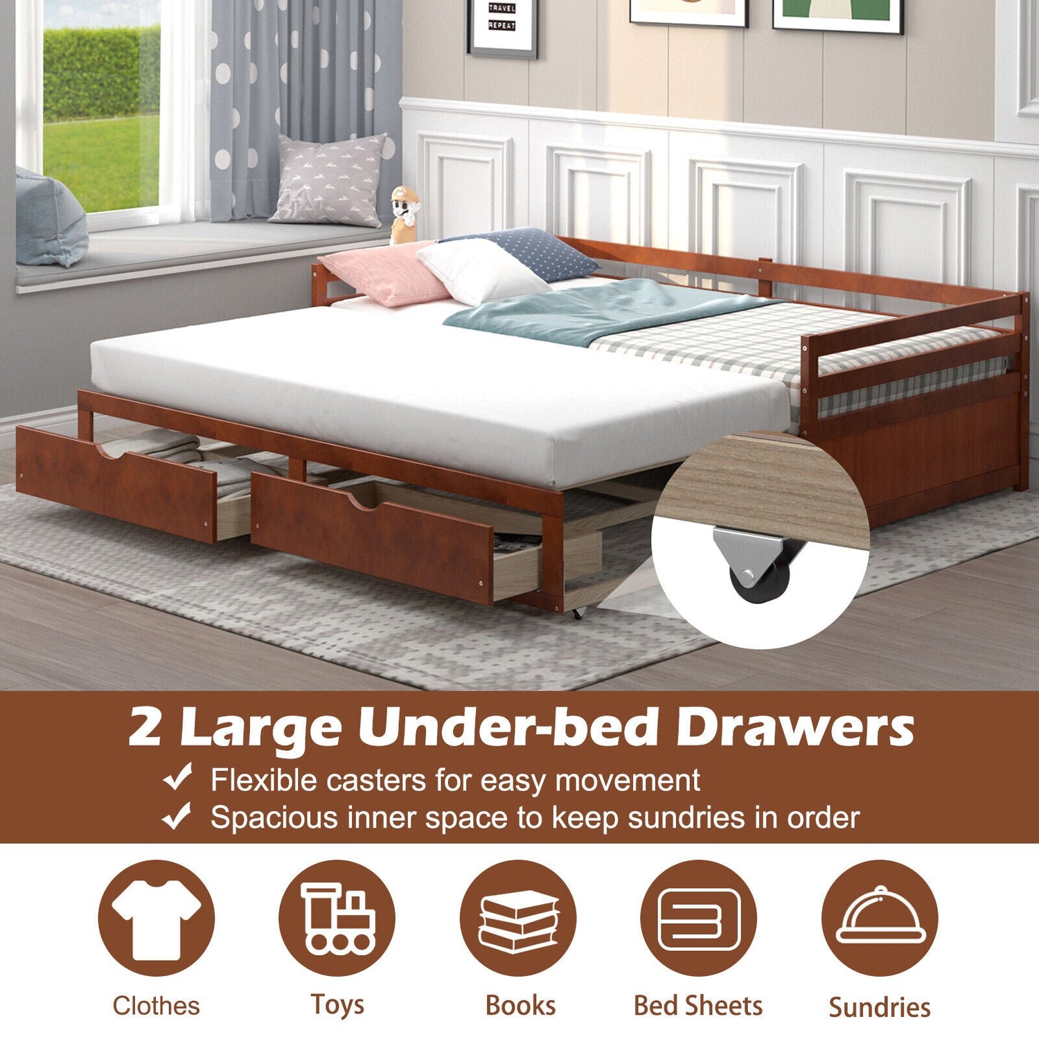 Sofá cama extensible de individual a king con nido y 2 cajones de almacenamiento