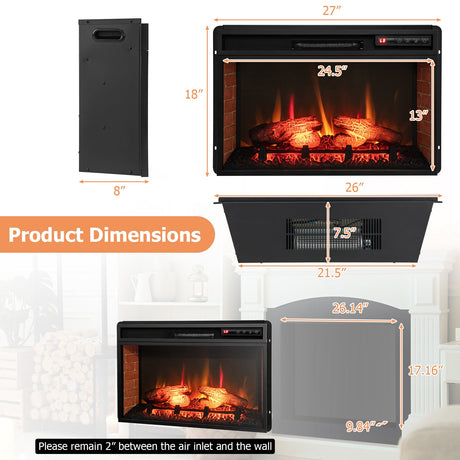 Inserto de chimenea eléctrica infrarroja de 26 pulgadas con control remoto-Negro