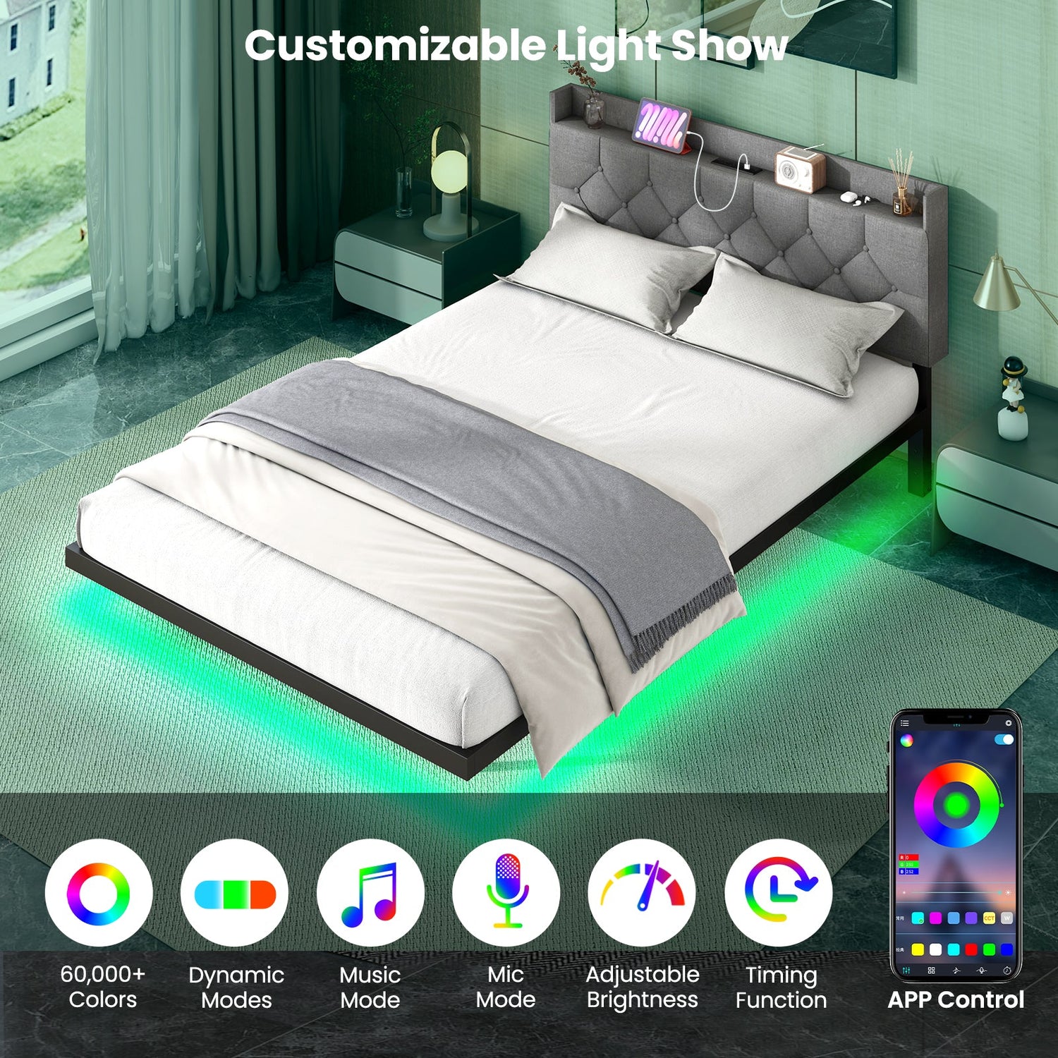 Estructura de Cama Flotante Tamaño Matrimonial/Queen con LED, Cabecera y Estación de Carga