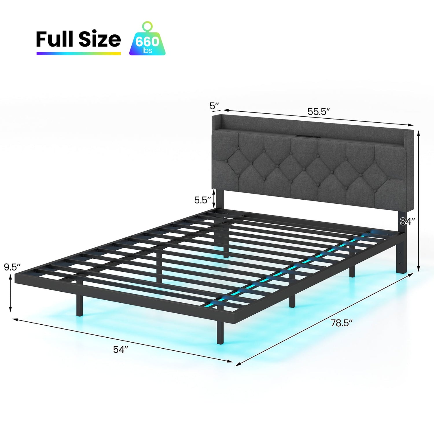 Estructura de Cama Flotante Tamaño Matrimonial/Queen con LED, Cabecera y Estación de Carga