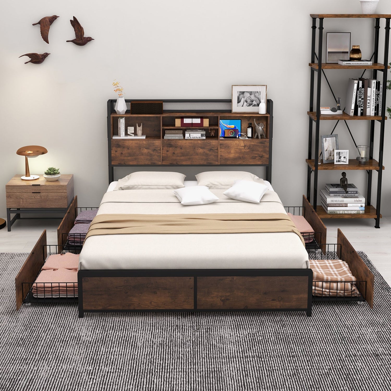 Base de cama de matrimonio/queen con cabecero librero y 4 cajones de almacenamiento