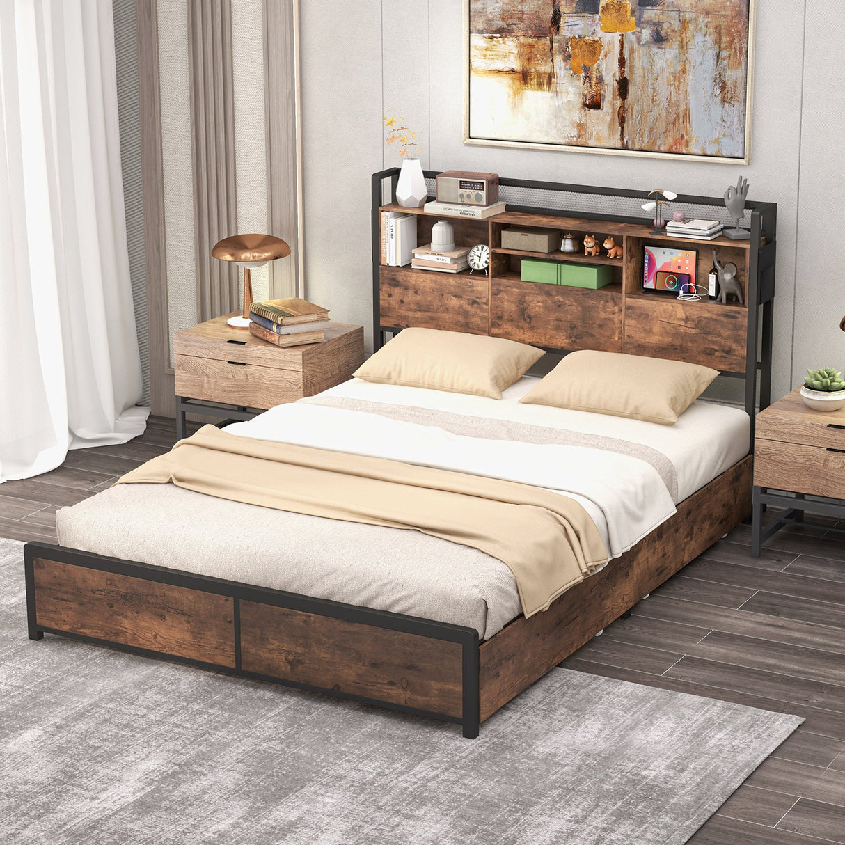 Base de cama de matrimonio/queen con cabecero librero y 4 cajones de almacenamiento