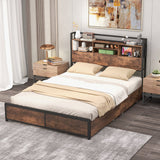 Base de cama de matrimonio/queen con cabecero librero y 4 cajones de almacenamiento