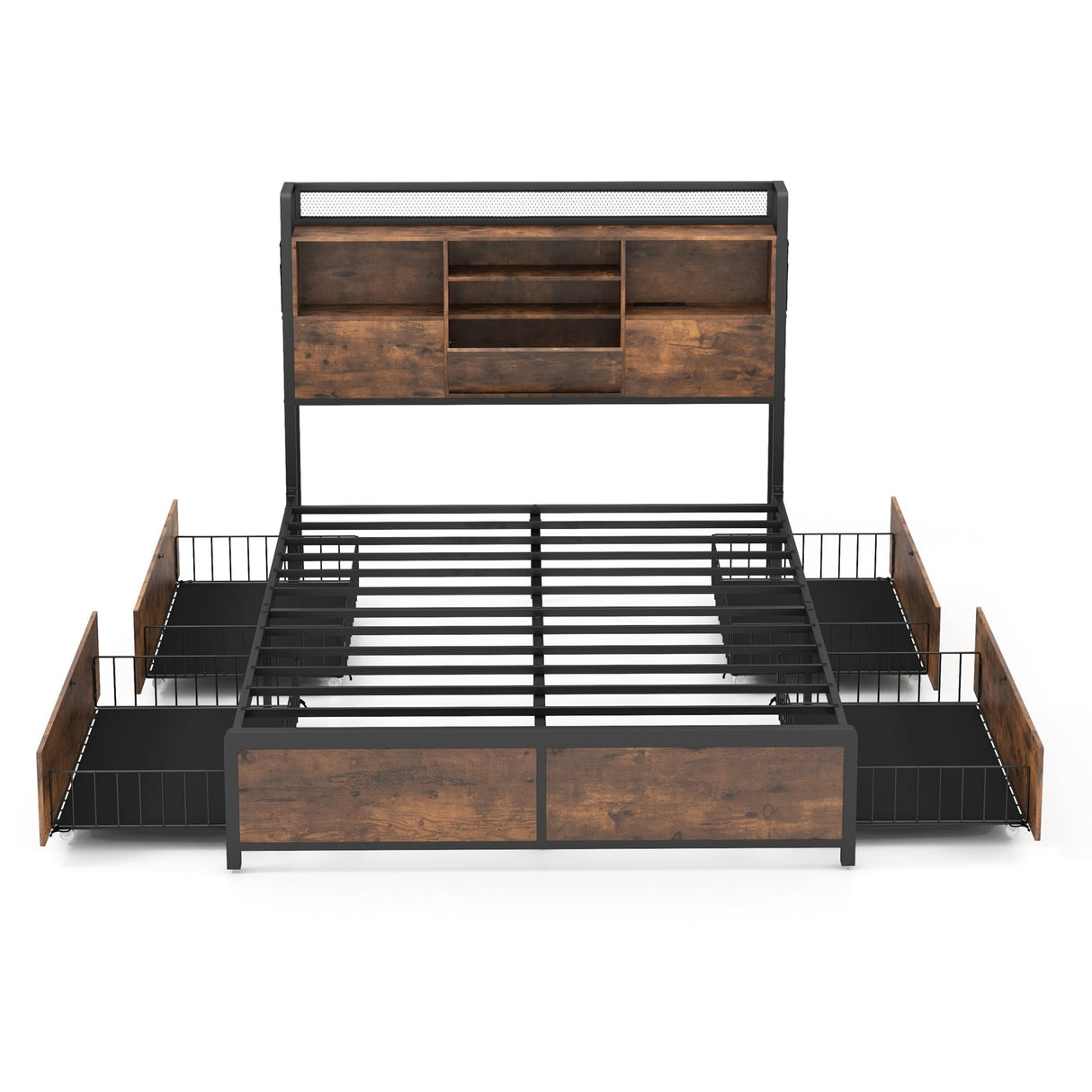 Base de cama de matrimonio/queen con cabecero librero y 4 cajones de almacenamiento