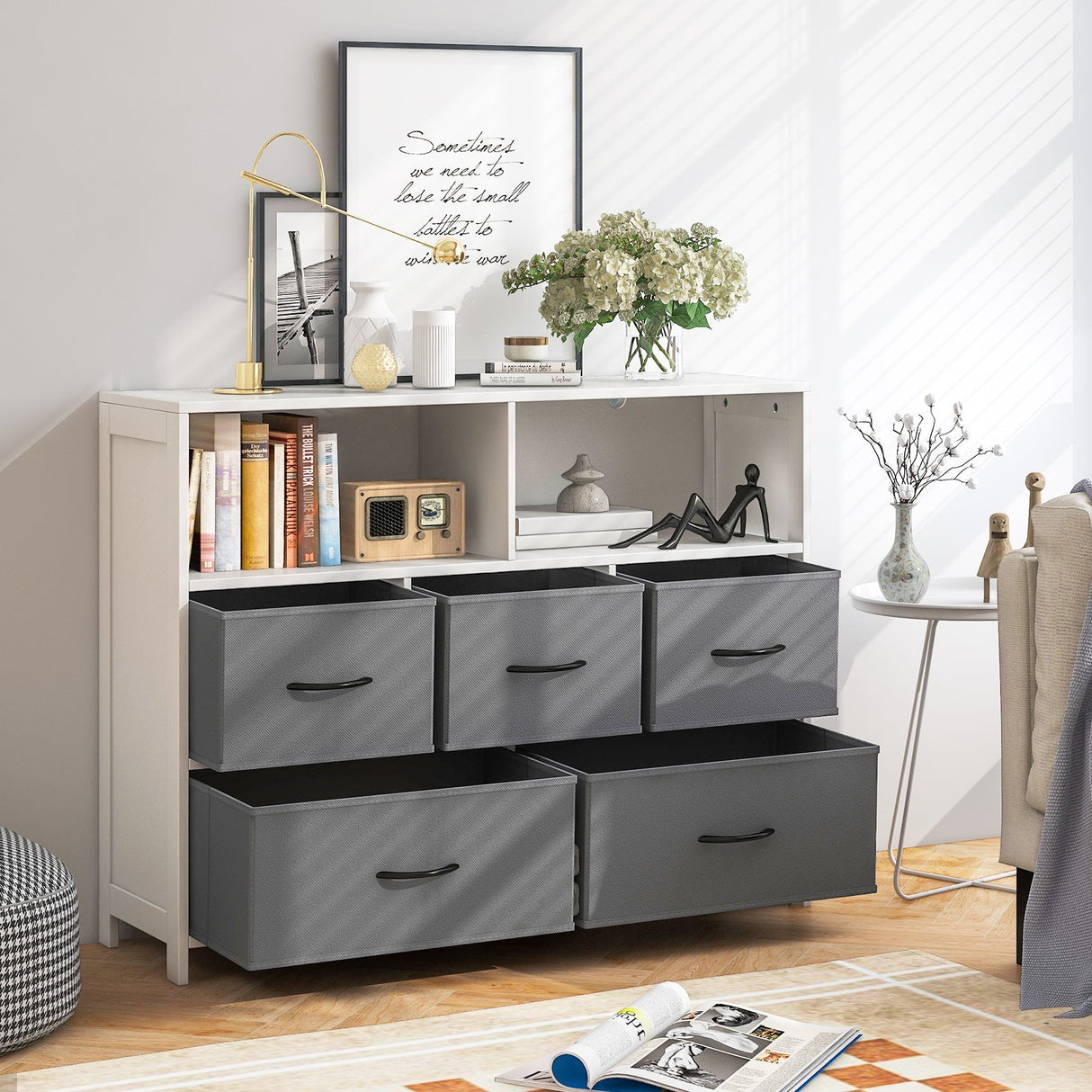 Cómoda de tela de 5 cajones para dormitorio - Blanca