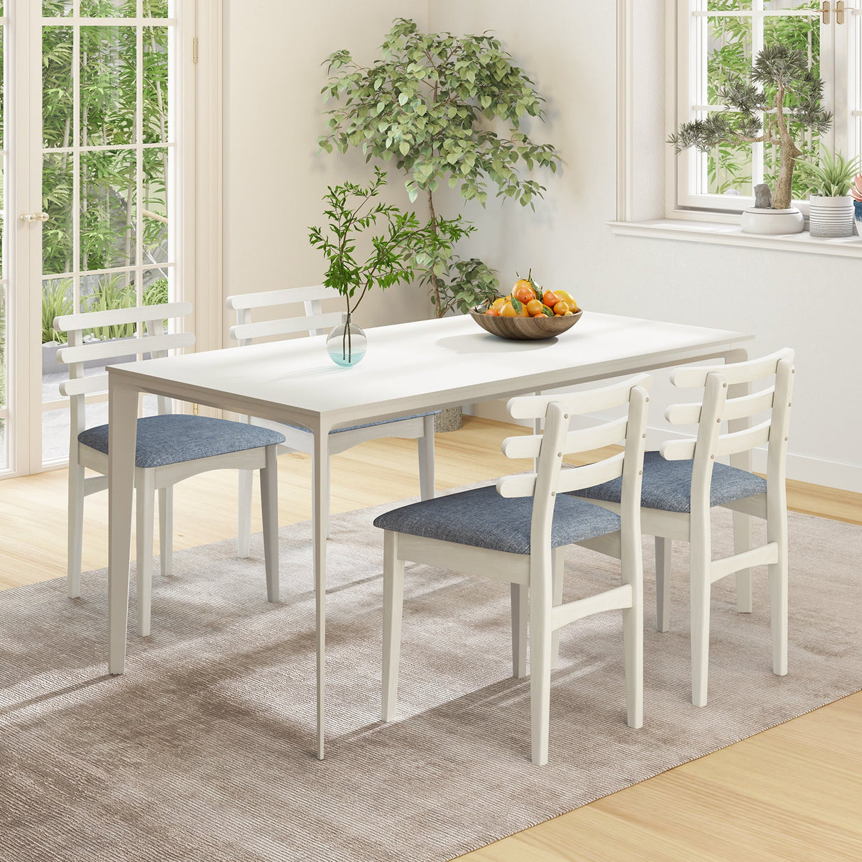 Sillas Auxiliares de Cocina de Tela con Estructura de Madera de Caucho y Asiento Acolchado-Blanco