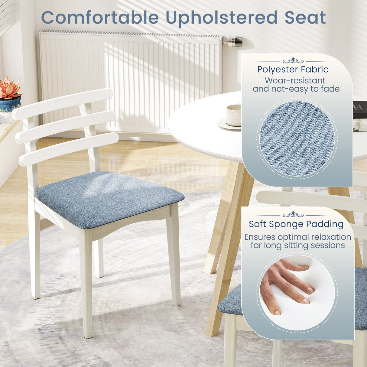 Sillas Auxiliares de Cocina de Tela con Estructura de Madera de Caucho y Asiento Acolchado-Blanco