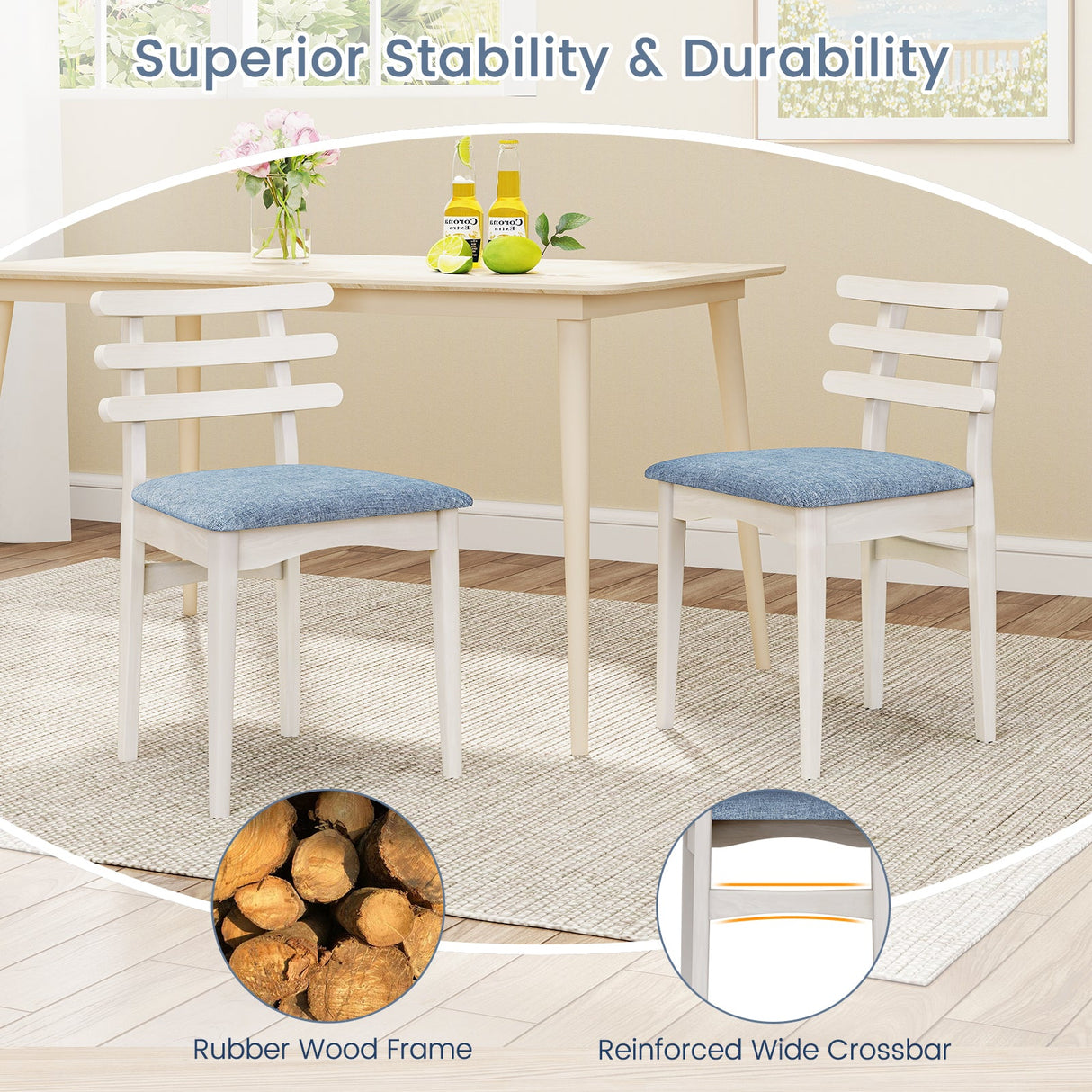 Sillas Auxiliares de Cocina de Tela con Estructura de Madera de Caucho y Asiento Acolchado-Blanco