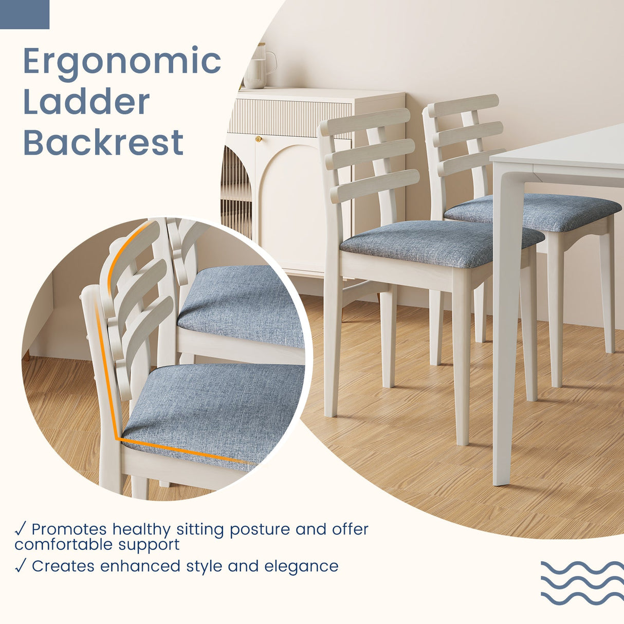 Sillas Auxiliares de Cocina de Tela con Estructura de Madera de Caucho y Asiento Acolchado-Blanco