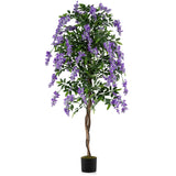 Juego de 2 plantas de ficus artificiales de 1.83 m, árboles de glicinia artificiales con troncos naturales y flores moradas realistas