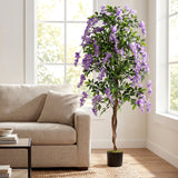 Juego de 2 plantas de ficus artificiales de 1.83 m, árboles de glicinia artificiales con troncos naturales y flores moradas realistas