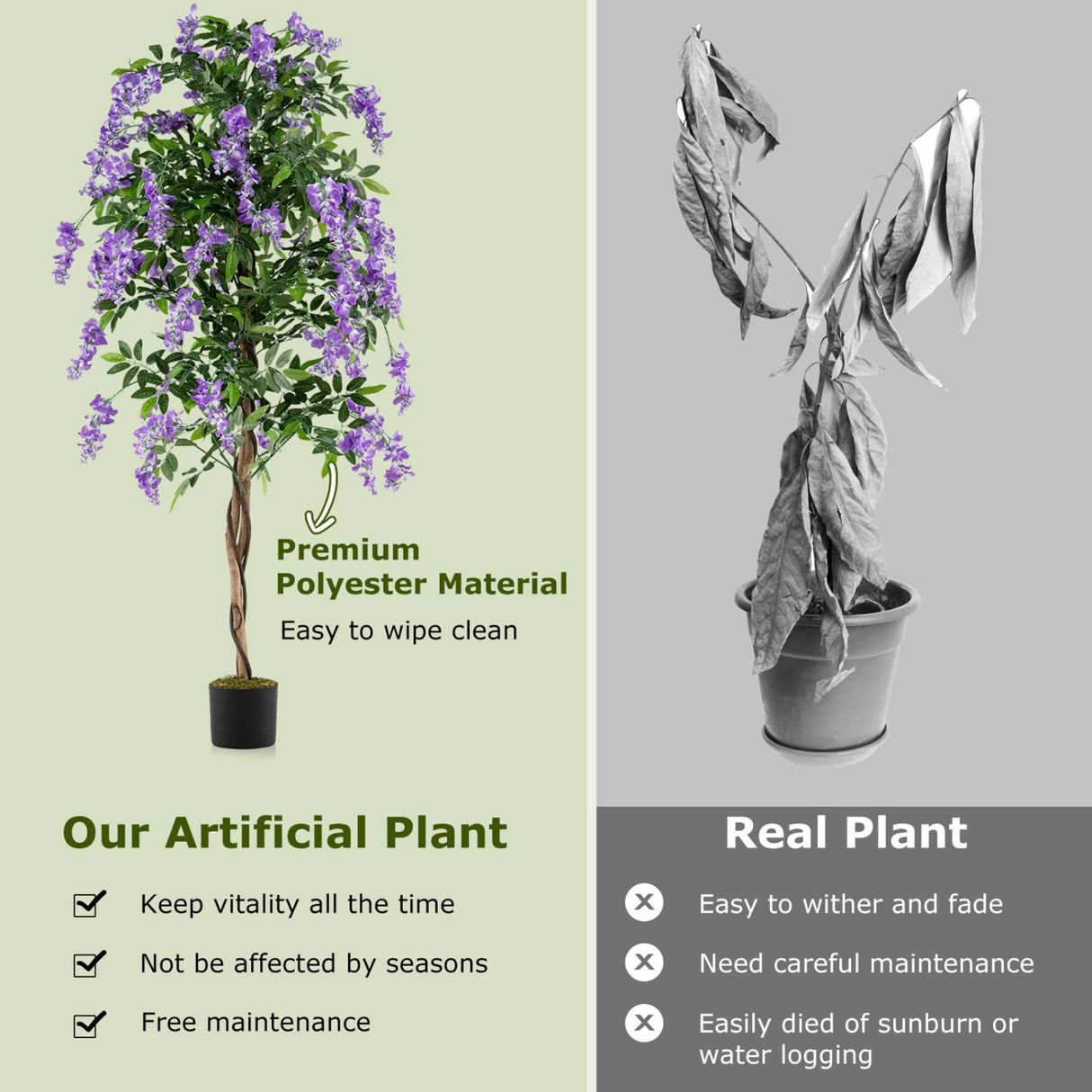 Juego de 2 plantas de ficus artificiales de 1.83 m, árboles de glicinia artificiales con troncos naturales y flores moradas realistas