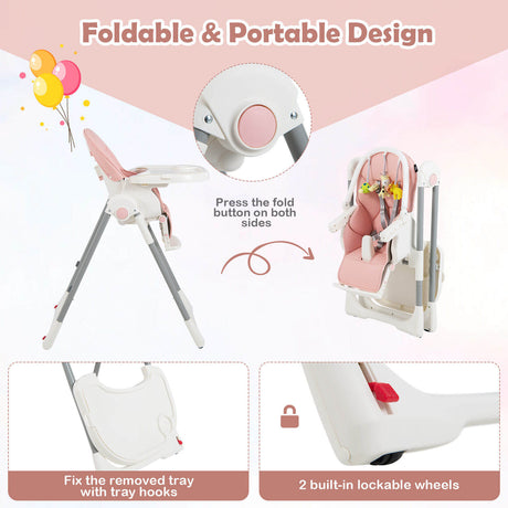 Trona Plegable 4 en 1 para Bebés con 7 Alturas Ajustables y Barra de Juguetes Gratis