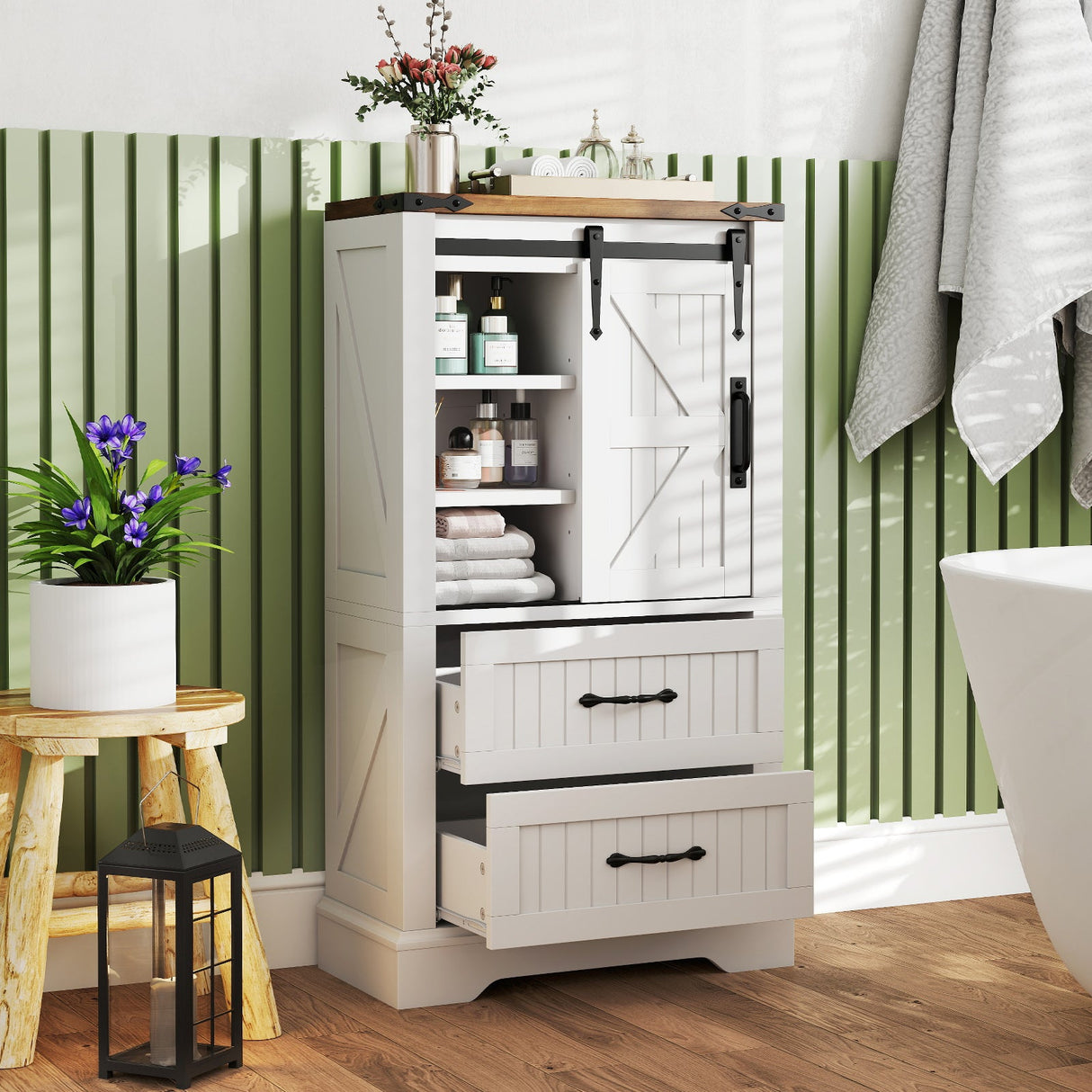 Gabinete de piso para baño estilo rústico, organizador de almacenamiento de madera independiente - Blanco