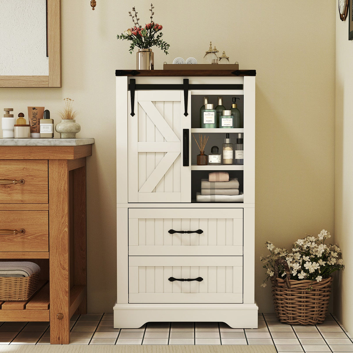Gabinete de piso para baño estilo rústico, organizador de almacenamiento de madera independiente - Blanco