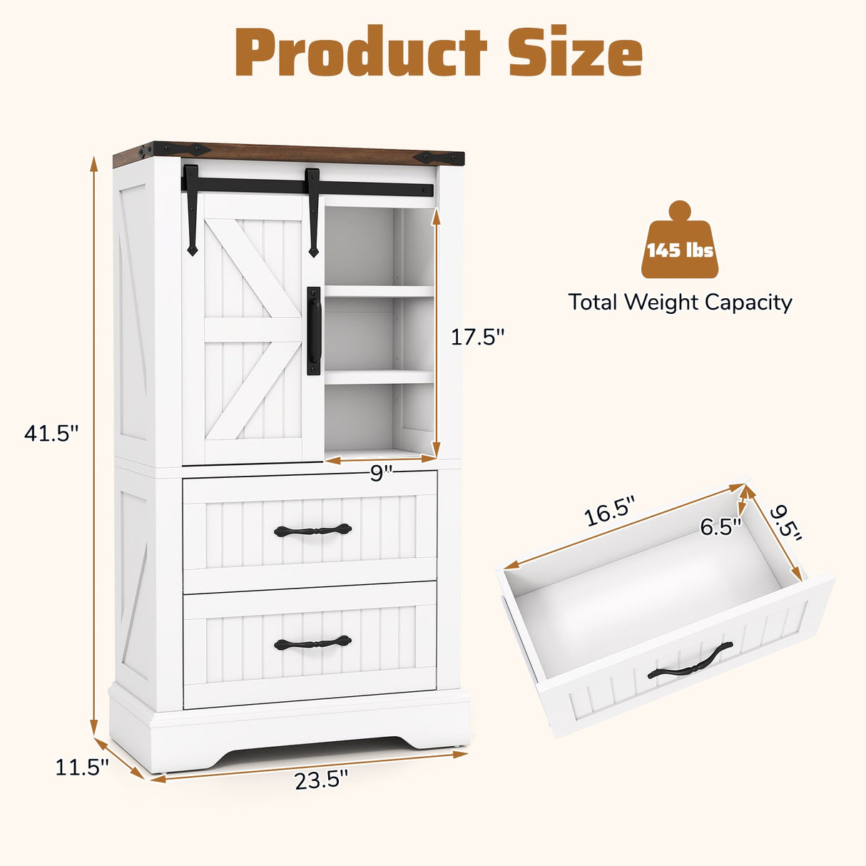 Gabinete de piso para baño estilo rústico, organizador de almacenamiento de madera independiente - Blanco
