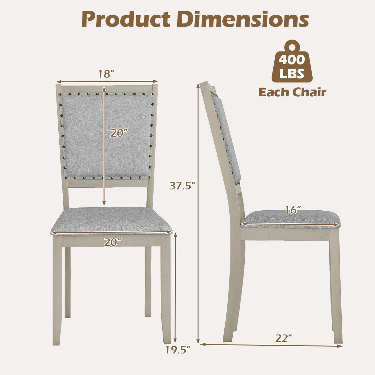 Juego de 2 sillas de comedor de granja con tapicería de tela para cocina - Gris