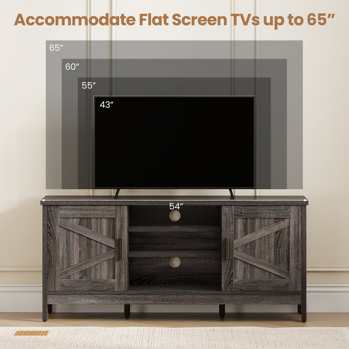 Mueble para TV de estilo rústico para televisores de hasta 65 pulgadas, centro de entretenimiento con 2 armarios de almacenamiento - Gris