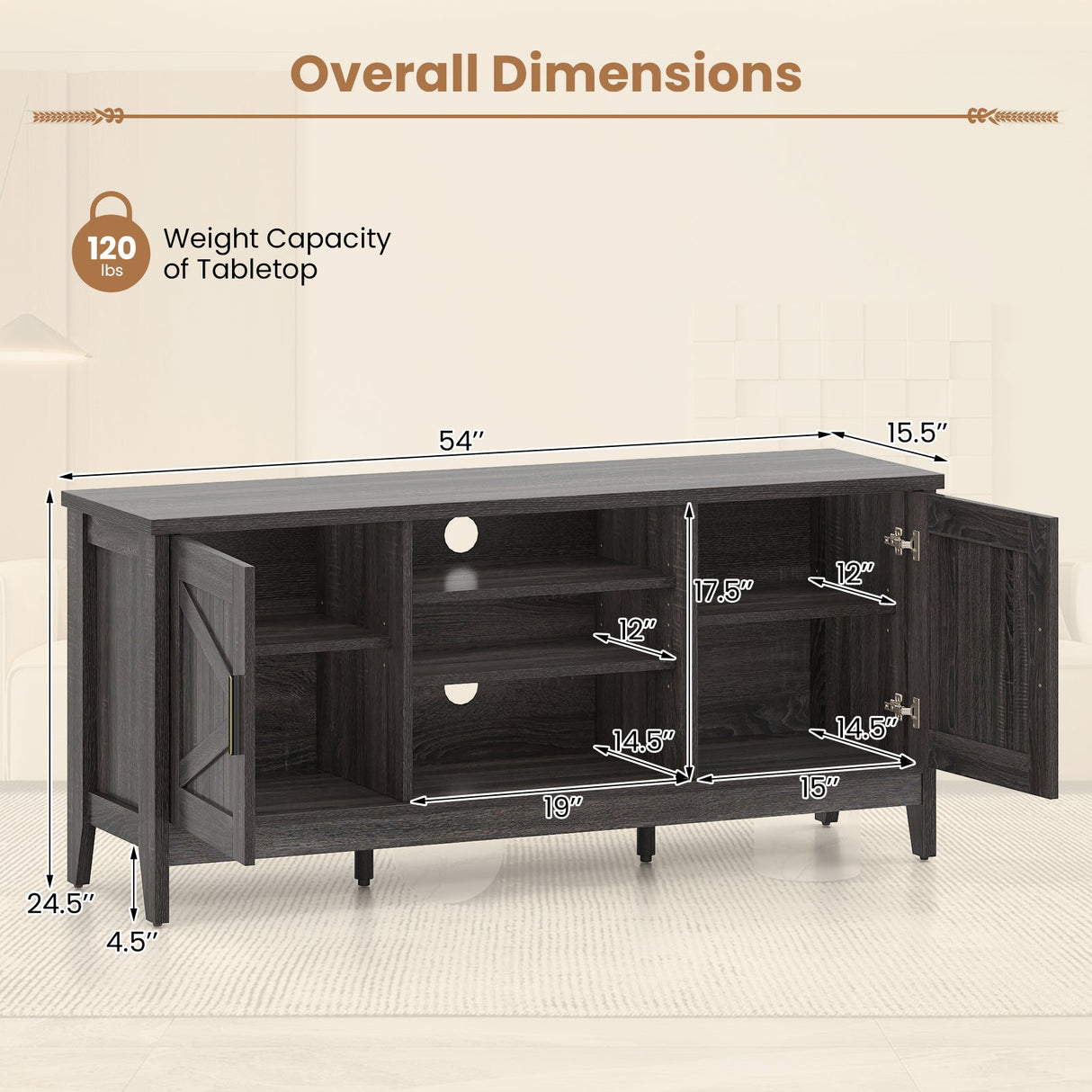Mueble para TV de estilo rústico para televisores de hasta 65 pulgadas, centro de entretenimiento con 2 armarios de almacenamiento - Gris
