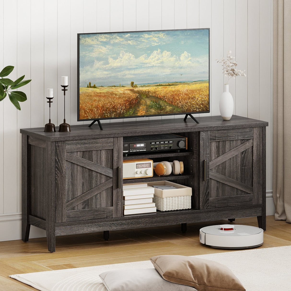 Mueble para TV de estilo rústico para televisores de hasta 65 pulgadas, centro de entretenimiento con 2 armarios de almacenamiento - Gris