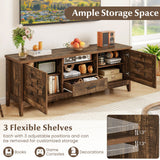 Farmhouse TV Stand for 65 Inch TVs with 2 Woven Accent Doors and 3 Adjustable Shelves