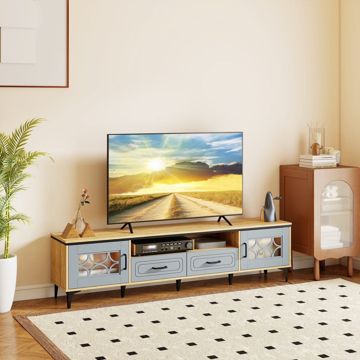 Mueble de TV estilo rústico para televisores de hasta 80 pulgadas con 2 cajones