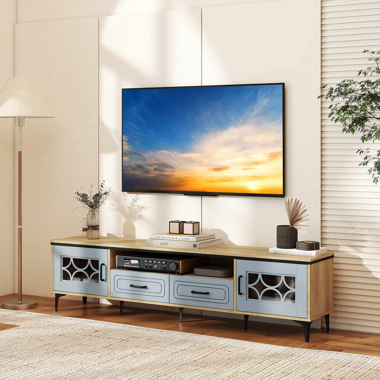 Mueble de TV estilo rústico para televisores de hasta 80 pulgadas con 2 cajones
