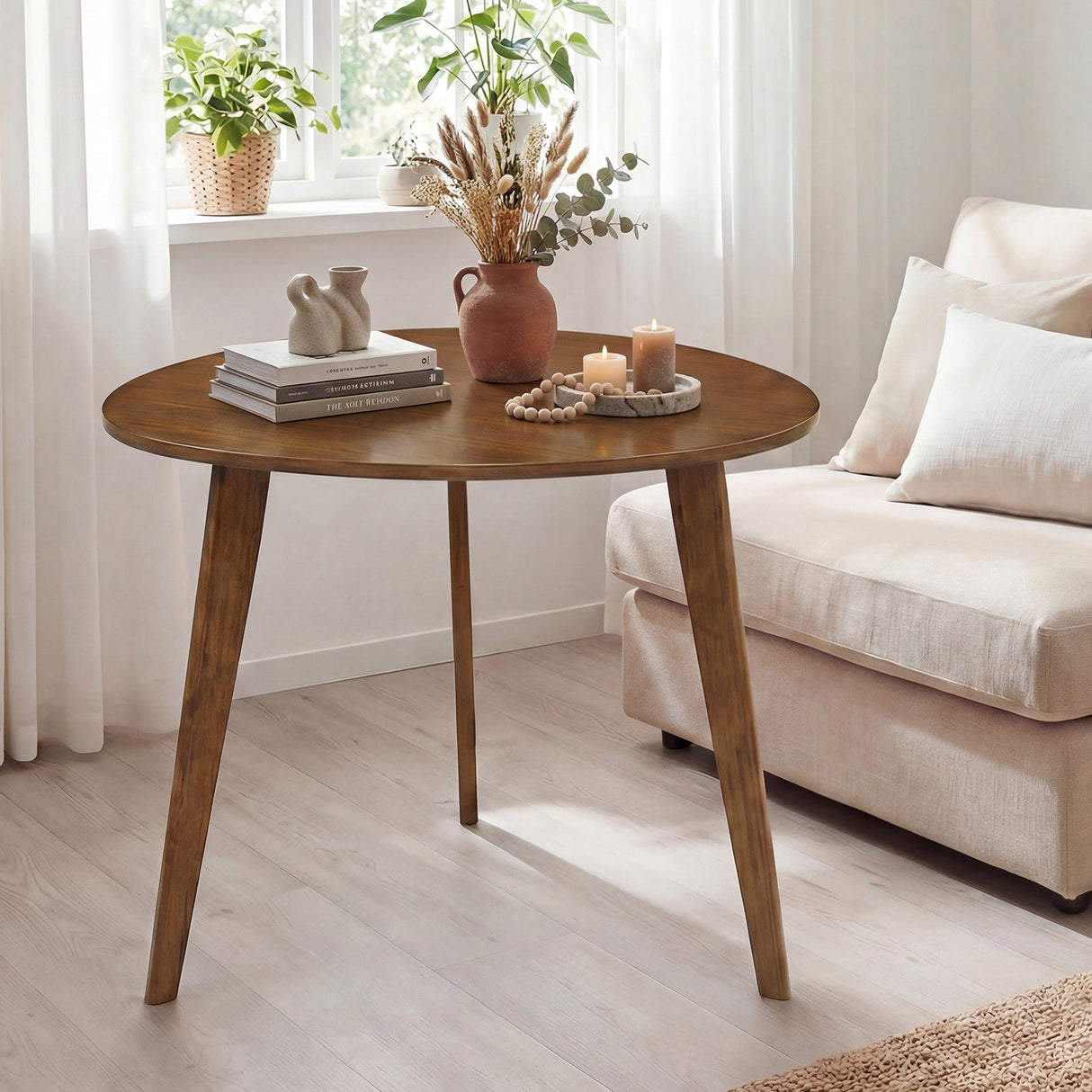 Mesa de comedor redonda de madera estilo rústico para 4-Nogal