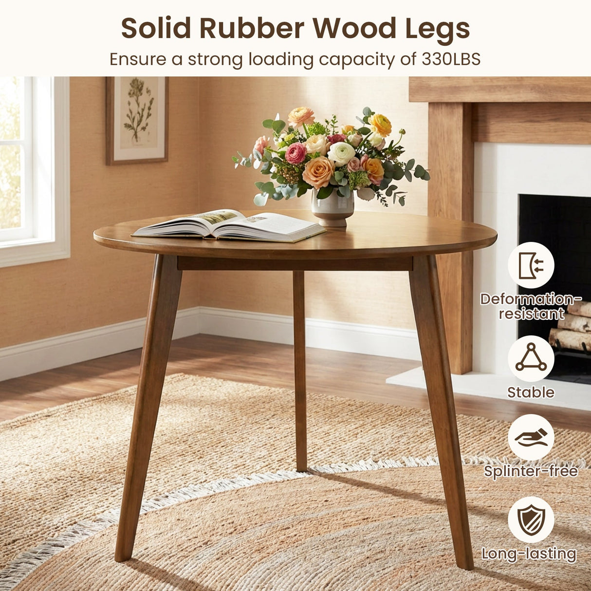 Mesa de comedor redonda de madera estilo rústico para 4-Nogal
