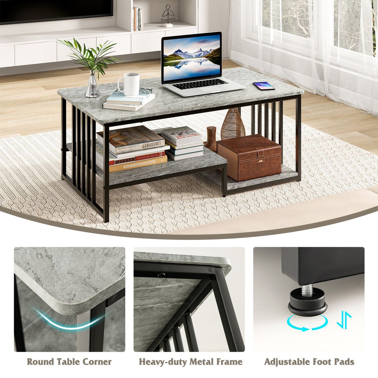 Mesa de centro de imitación mármol con estante de almacenamiento abierto - Gris