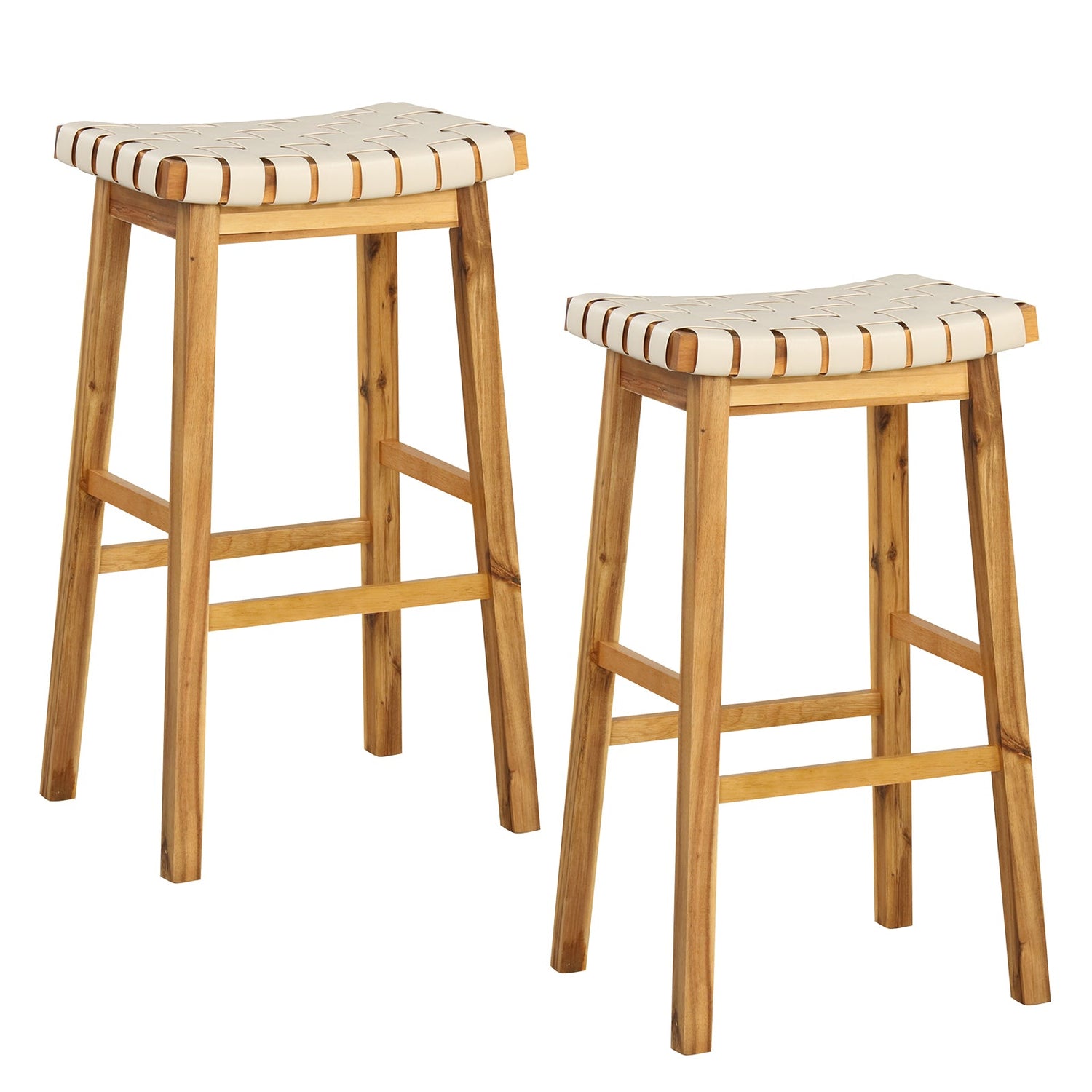 Juego de 2 taburetes de bar de piel sintética con asiento curvo tejido natural