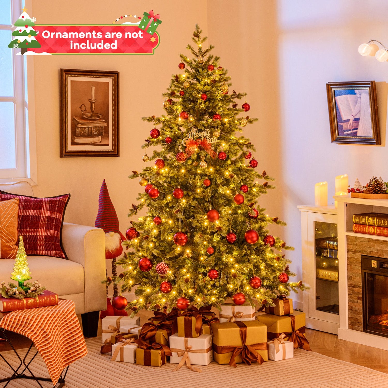 Árbol de Navidad de 1,8/2,1/2,4 metros con luces LED blancas cálidas y piñas