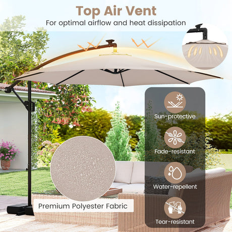 Sombrilla Colgante Solar de 10 Pies con Base y Luces LED