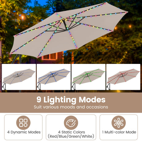 Sombrilla Colgante Solar de 10 Pies con Base y Luces LED