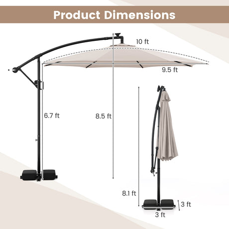 Sombrilla Colgante Solar de 10 Pies con Base y Luces LED