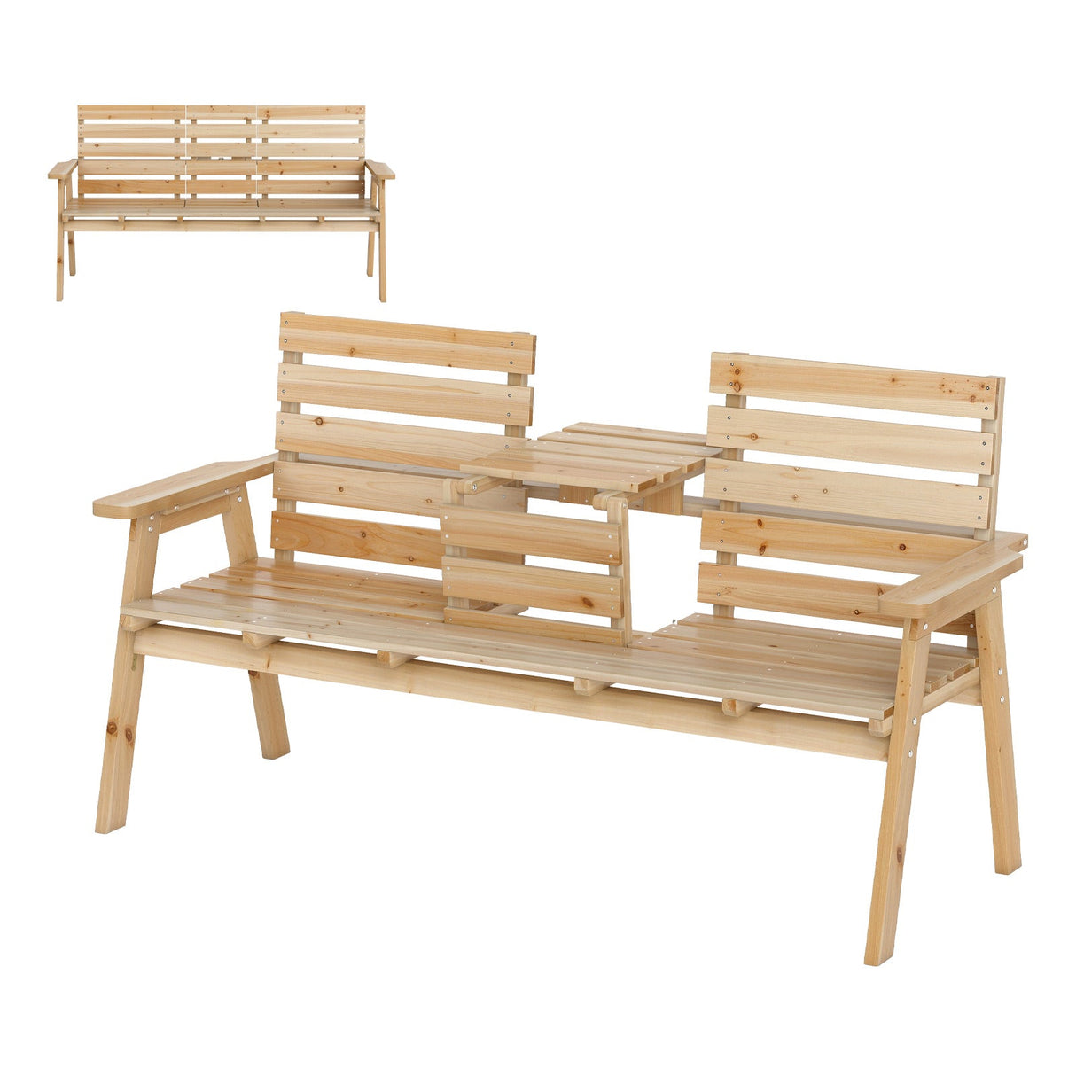 Banco de abeto para exteriores con mesa central plegable