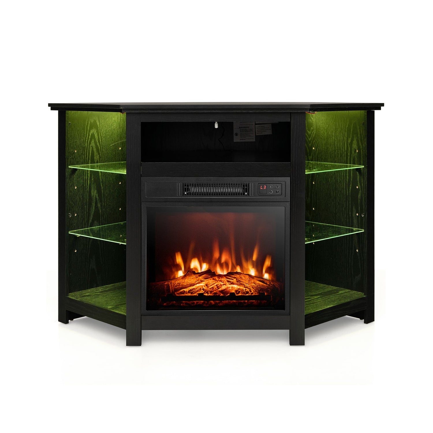 Mueble para TV de esquina con chimenea, luces LED y control por aplicación inteligente para televisores de 50 pulgadas
