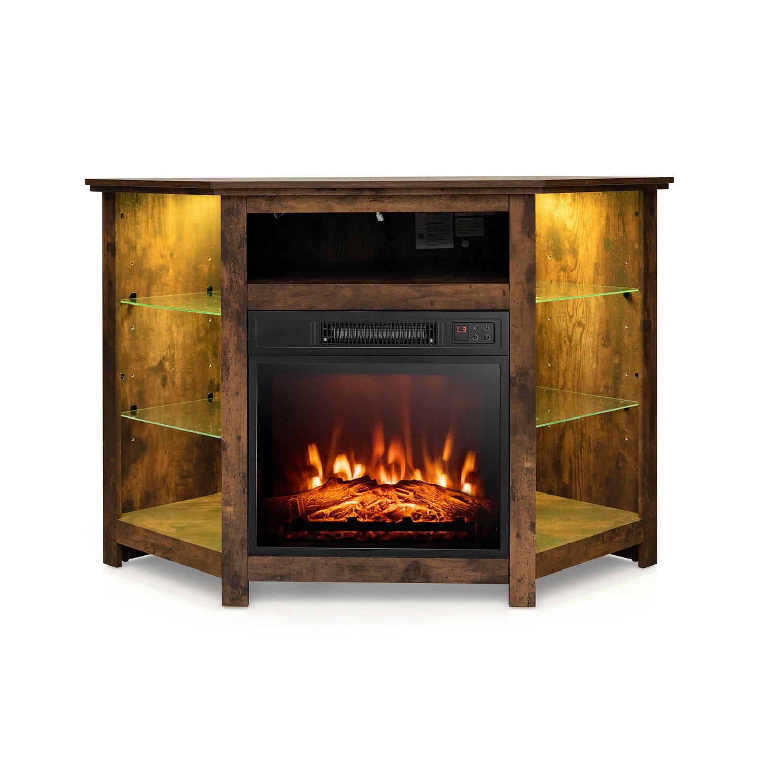 Mueble para TV de esquina con chimenea, luces LED y control por aplicación inteligente para televisores de 50 pulgadas