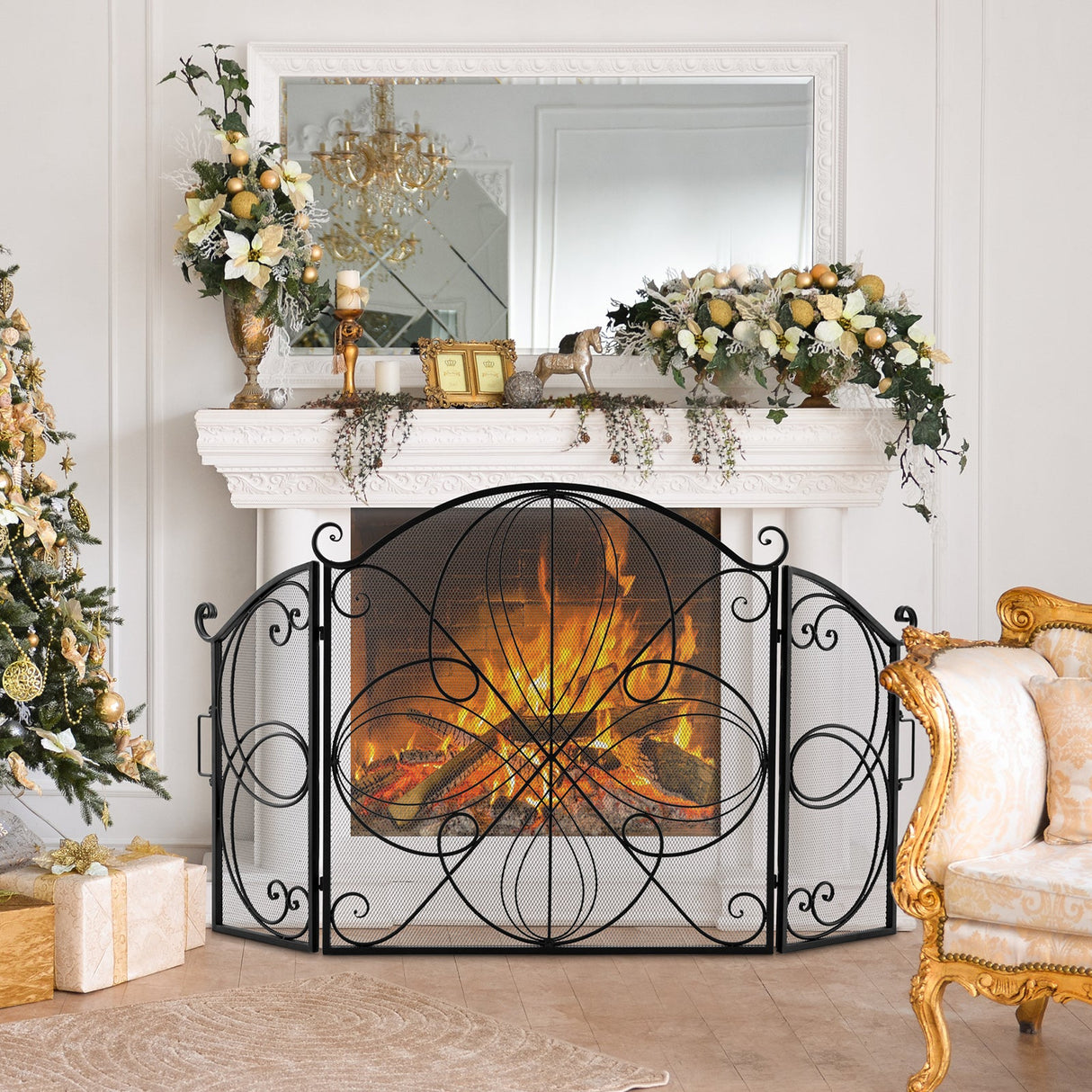 Pantalla de chimenea de 59.5 x 32.5 pulgadas con diseño floral - Negro
