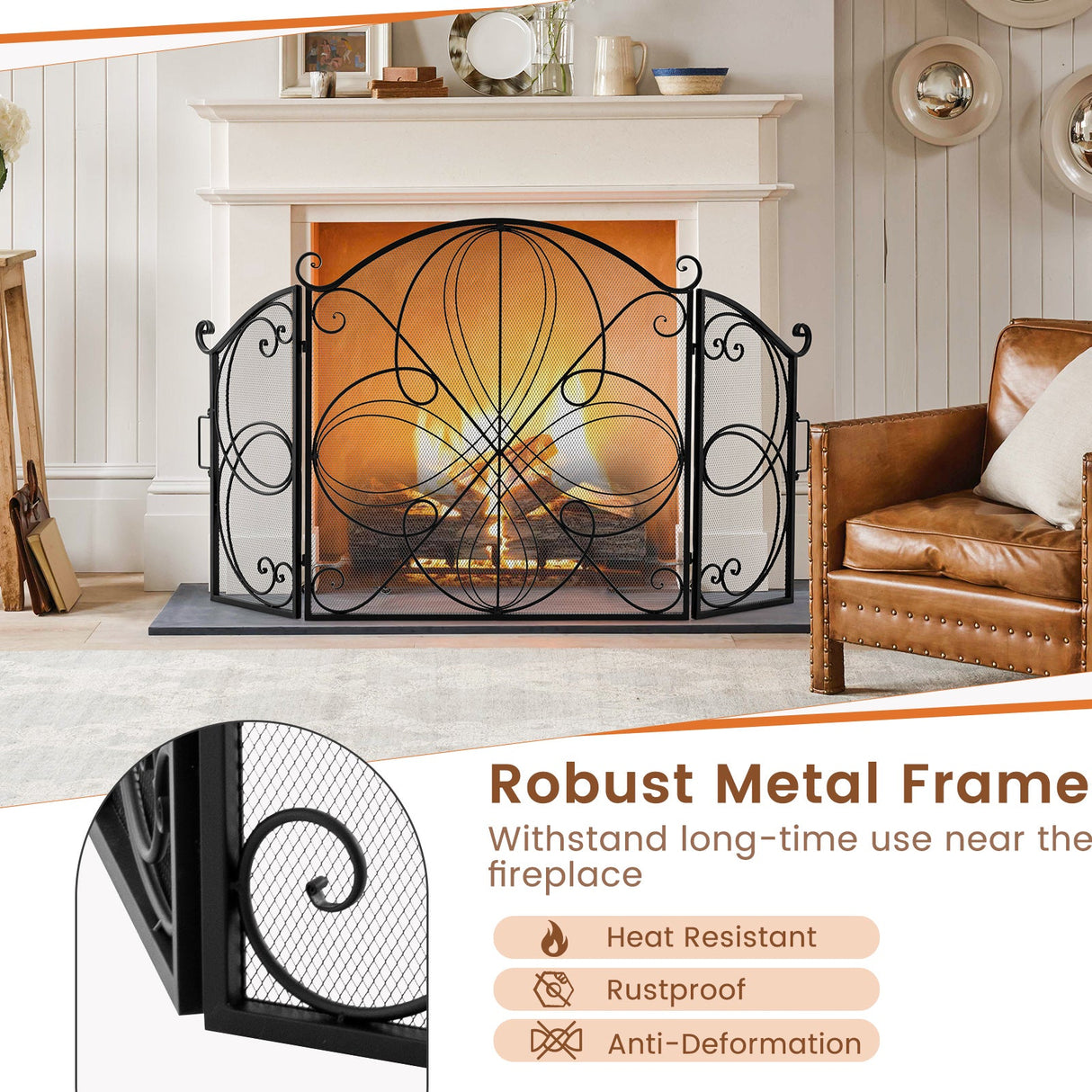 Pantalla de chimenea de 59.5 x 32.5 pulgadas con diseño floral - Negro
