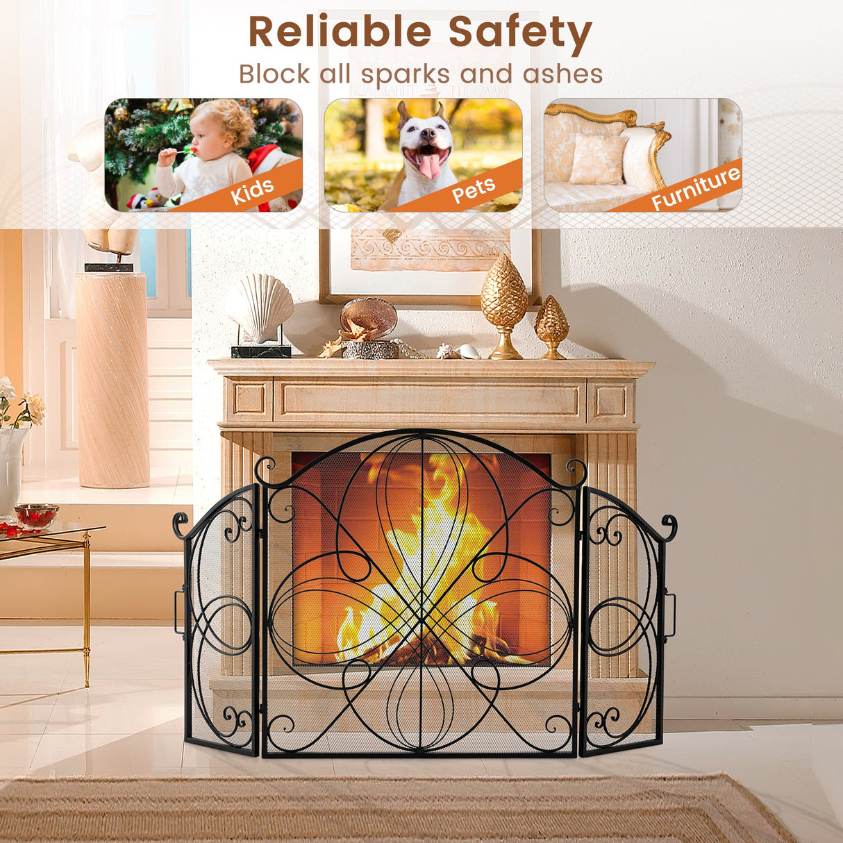 Pantalla de chimenea de 59.5 x 32.5 pulgadas con diseño floral - Negro