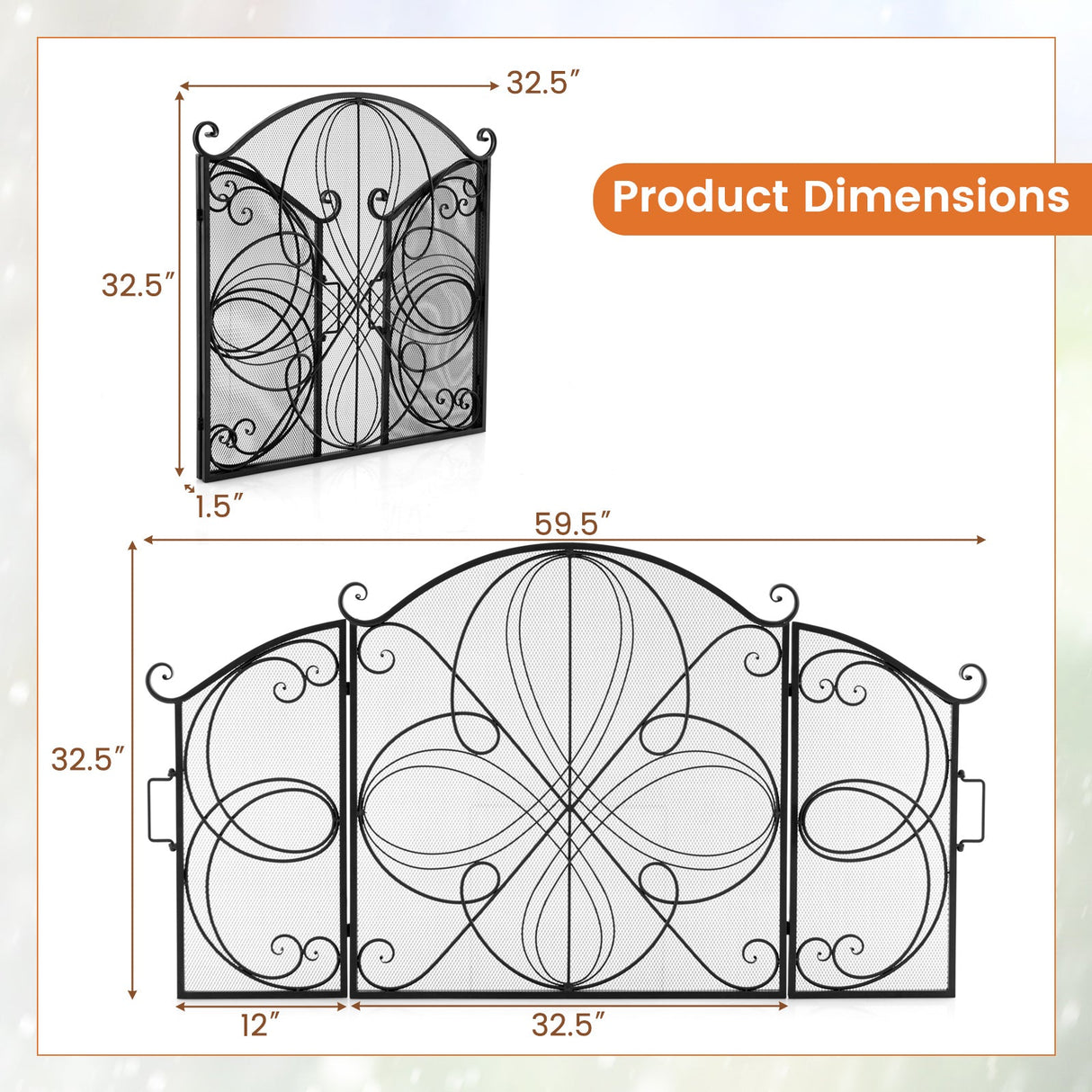 Pantalla de chimenea de 59.5 x 32.5 pulgadas con diseño floral - Negro