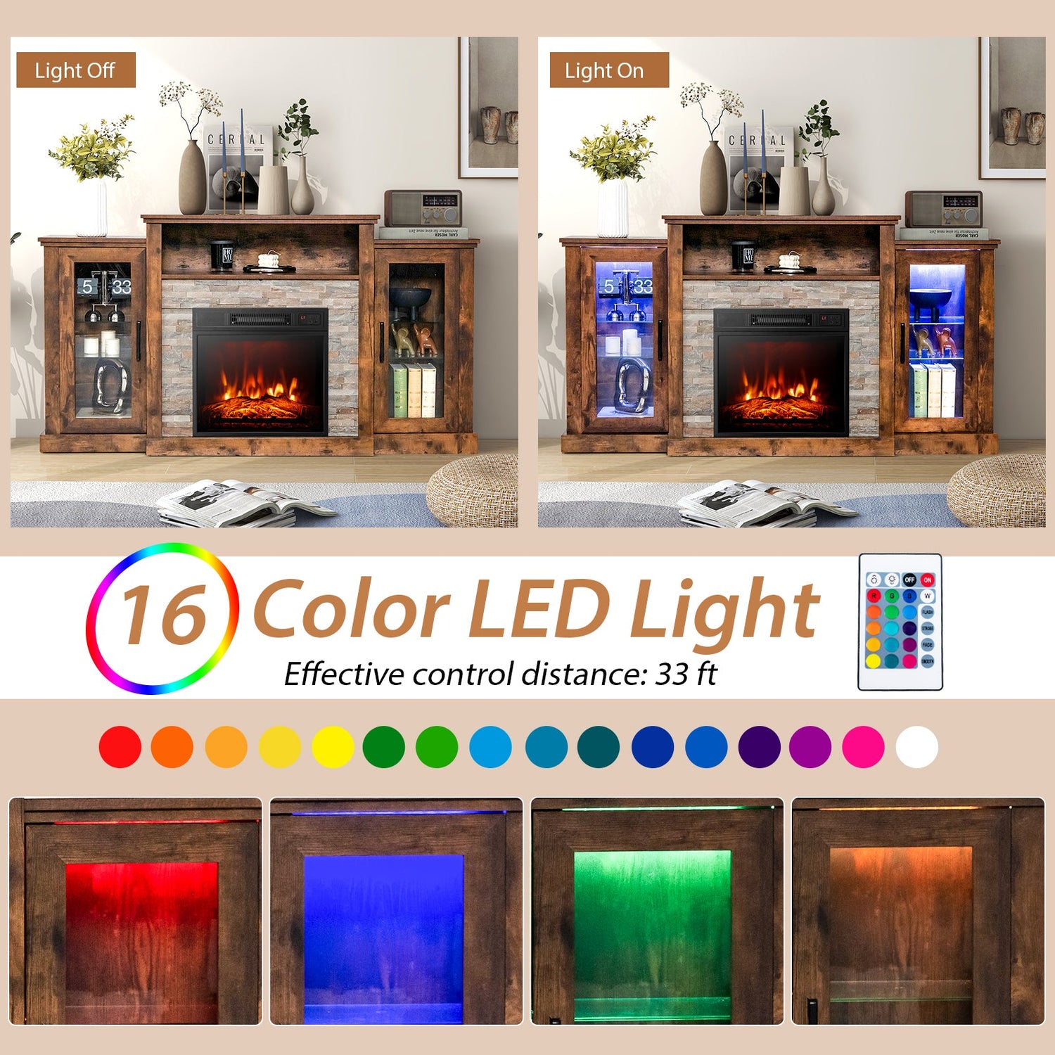 Mueble de TV con chimenea y luces LED de 16 colores para televisores de hasta 65 pulgadas