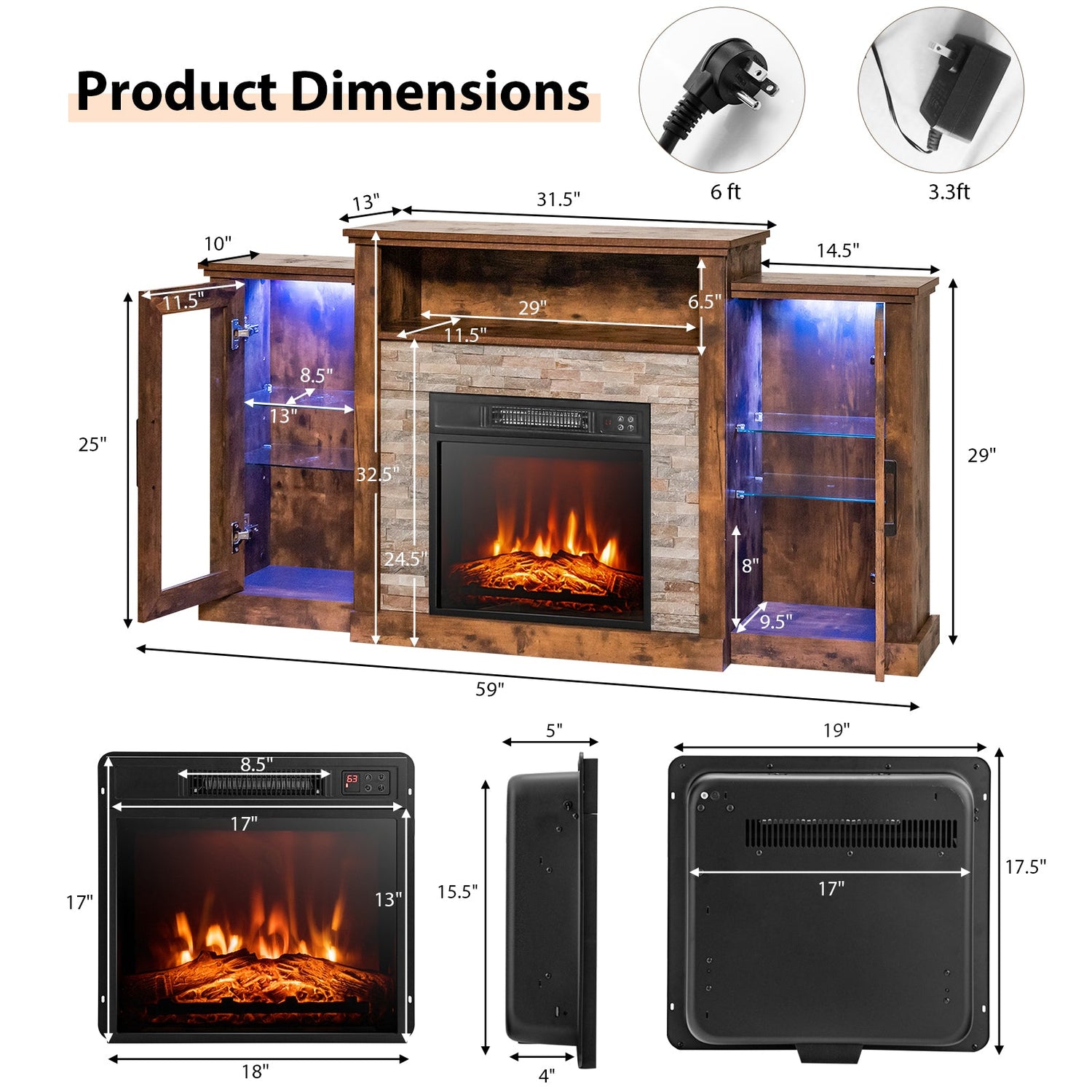 Mueble de TV con chimenea y luces LED de 16 colores para televisores de hasta 65 pulgadas
