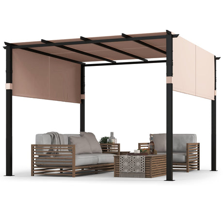 Pérgola de techo plano de 10 x 10 pies con toldo retráctil para jardín, piscina, porche y patio trasero