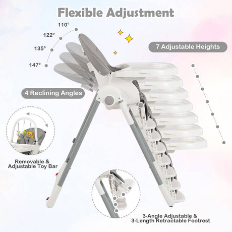 Trona Plegable 4 en 1 para Bebés con 7 Alturas Ajustables y Barra de Juguetes Gratis