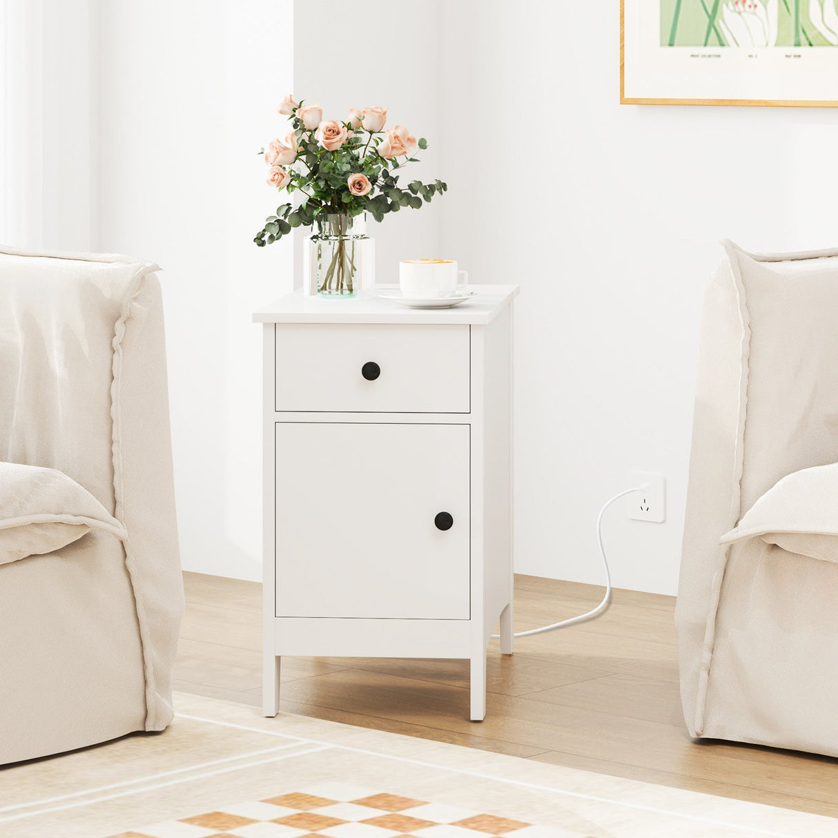 Mesa Auxiliar Elevable con Estación de Carga Puertos USB Enchufes y Cajón