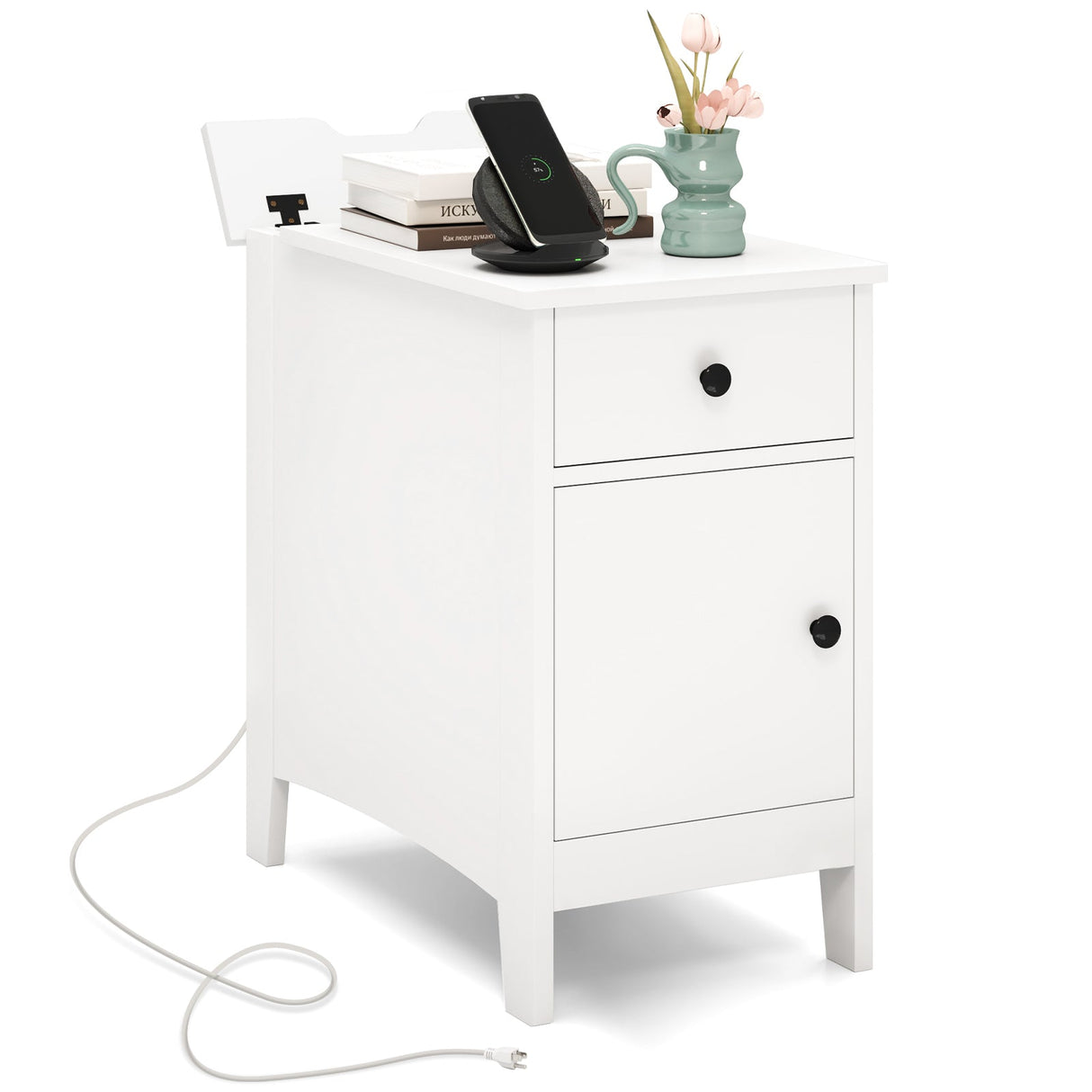 Mesa Auxiliar Elevable con Estación de Carga Puertos USB Enchufes y Cajón