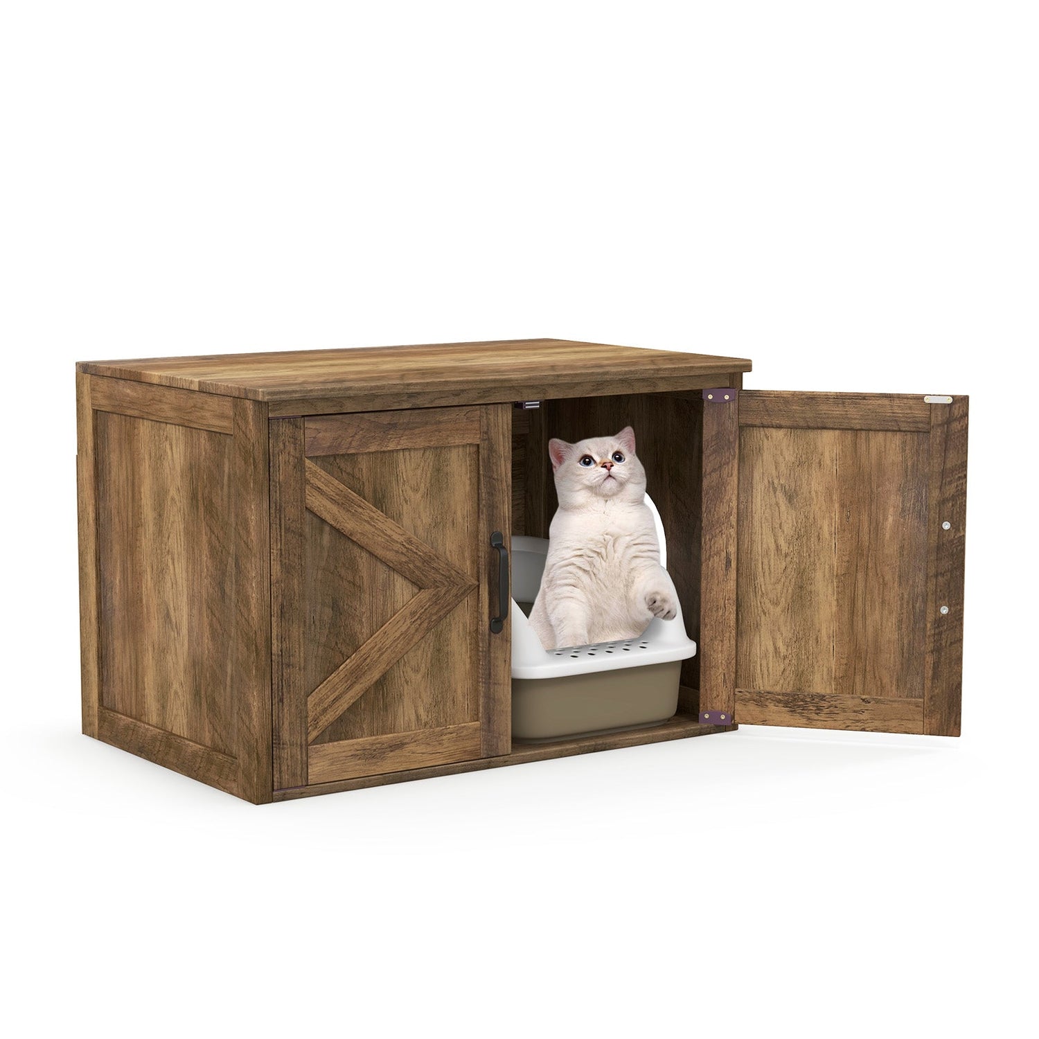 Mueble arenero oculto con tapa abatible, puertas dobles de granero y divisor extraíble
